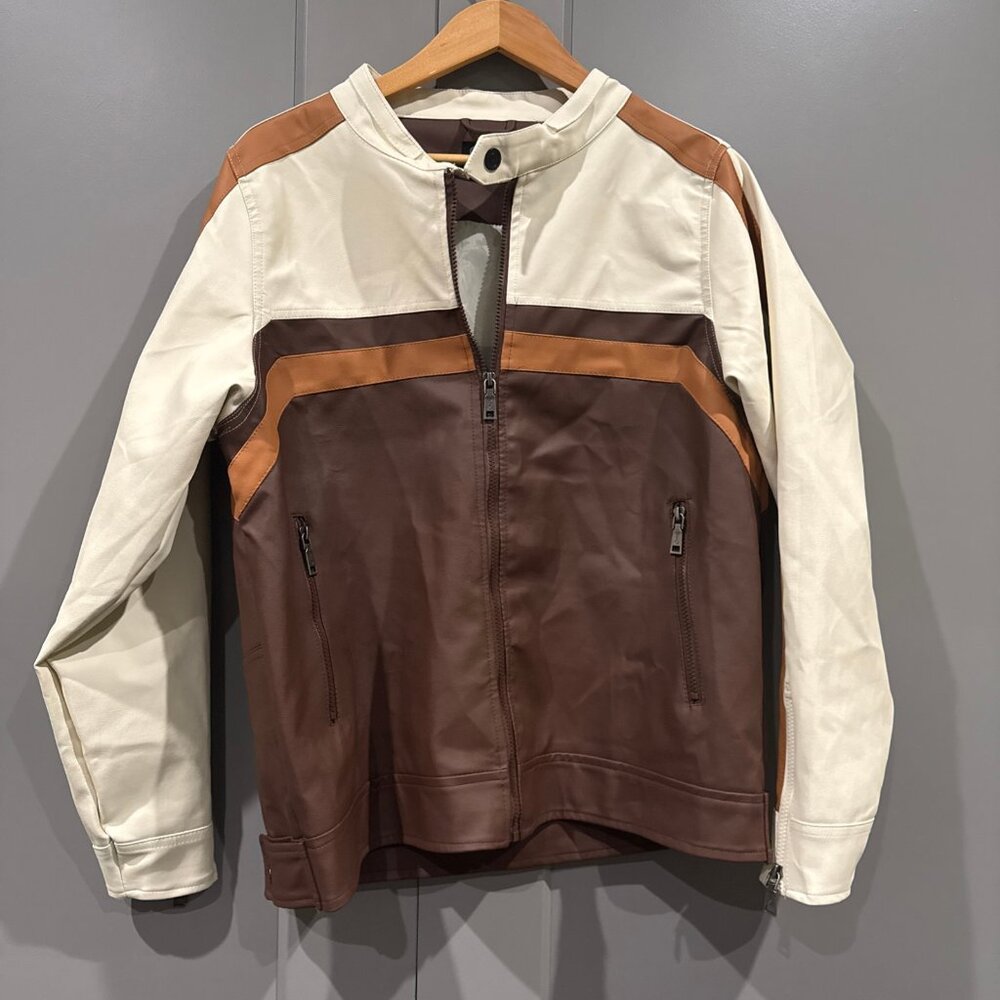 G-Net Men’s Faux Leather Jacket  Size Large Full Zip Brown & Cream
